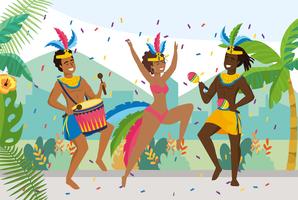 Músico y bailarines con decoración de plumas. vector