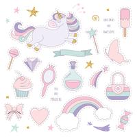 Unicornio mágico con arcoiris, estrellas y dulces. vector