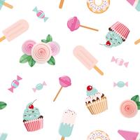 Festive seamless pattern with flowers and sweets in pastel pink and blue. vector