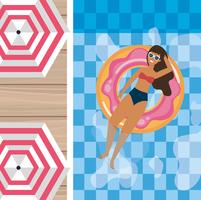 Vista aérea de mujer con cabello castaño en flotador de piscina vector