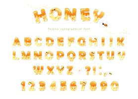 Honey font design. Glossy sweet ABC letters and numbers isolated on white. vector