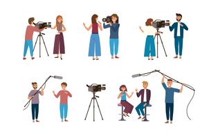 Conjunto de camarógrafos y reporteros femeninos y masculinos vector