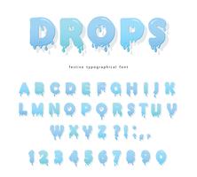 Water drops font design. Transparent glossy letters and numbers vector