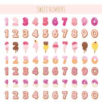 Sweet numbers set in pastel pink. Different textures - ice cream, chocolate, biscuit, lollipop. vector