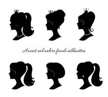 Beautiful female silhouettes set. Modern and ancient young woman profiles. vector