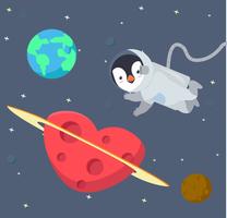 Pingüino astronauta flotando en el fondo del espacio vector