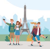 Parejas de turistas frente a la torre eiffel vector