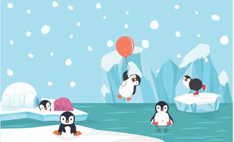 Cute penguin characters set with North pole background