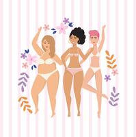 Three women in underclothes with leaves and flowers  vector