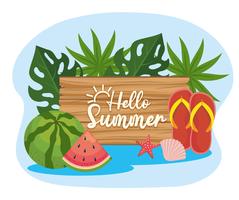 Hello summer sign with watermelon and flip flops vector