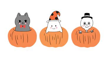 Halloween, Cat and ghost and skeleton in big pumpkin  vector
