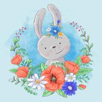 Cute cartoon bunny in a wreath of poppies and daisies, wildflowers vector