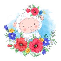 Cartoon illustration of a cute sheep in a wreath of red flowers.