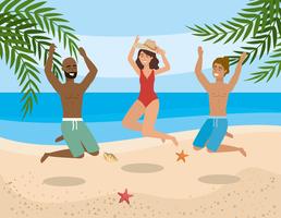Group of diverse men and women jumping on beach  vector