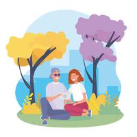 Young couple with tablet sitting in park  vector