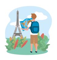 Male tourist looking at map in front of eiffel tower  vector