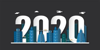 Happy new year 2020, in paper cut and craft style with buildings vector