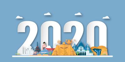 Happy new year 2020, year of the rat in paper cut and craft style with landmarks vector