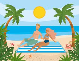 Couple laying on towel at the beach  vector