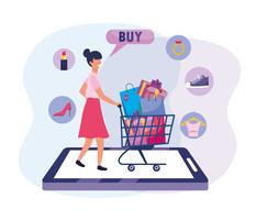 Mujer con carrito de compras y bolsas para la tecnología de comercio electrónico vector