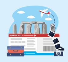 Stonehenge with airplane tickets with camera with suitcase vector