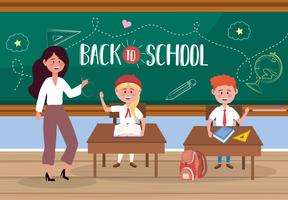 Female teacher with students at desk with back to school message  vector