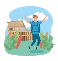 Male tourist jumping in front of coloseum  vector