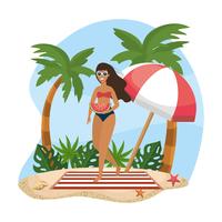 Mujer joven en traje de baño con sandía en la playa vector