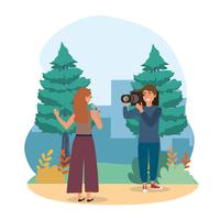 Female reporter with cameraman in park  vector