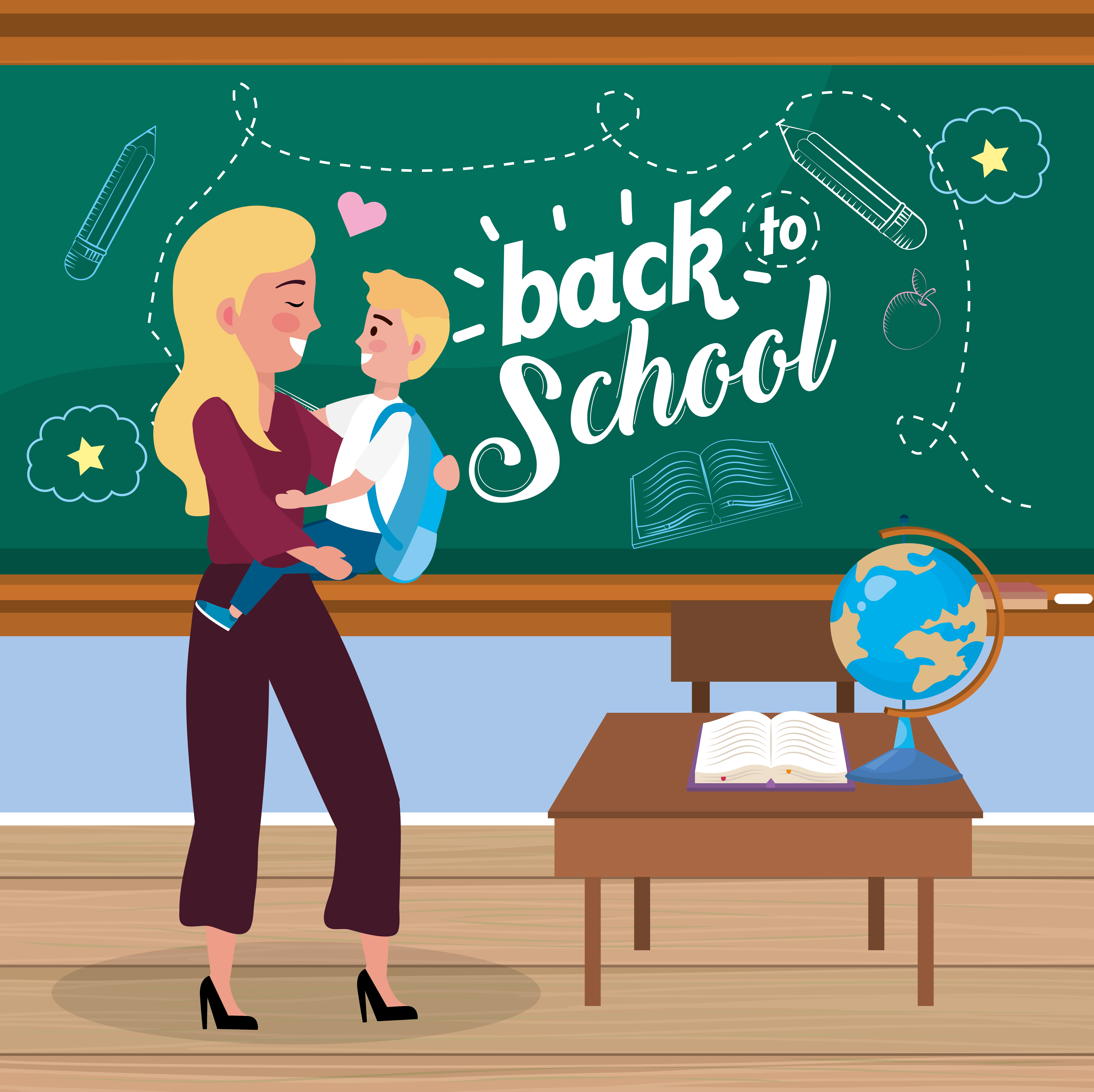 Mother And Son In Front Of Chalkboard With Back To School Message