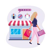 Woman with shopping bags and online market  vector