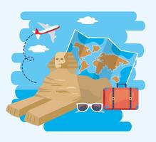 Egyptian sphinx with global map and suitcase  vector