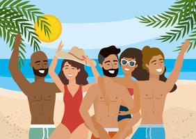 Group of diverse young men and women on beach  vector