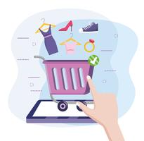 Tablet online shopping with cart and merchandise  vector