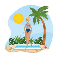 Woman wearing bathing suit standing on beach towel vector