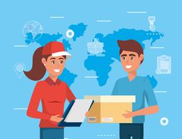 Delivery woman and man with box  vector