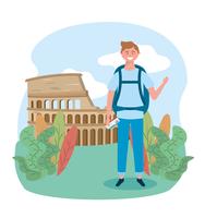 Male tourist in front of colosseum in Rome  vector