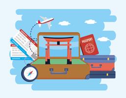 Suitcase with Tokyo sculpture and suitcases with passport  vector