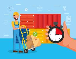 Man with hand truck near shipping containers  vector