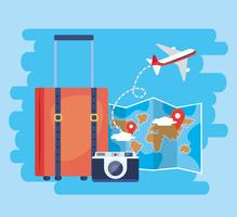 Suitcase with camera and global map  vector