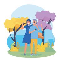 Young couple taking selfie in park vector