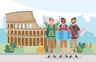 Male tourists in front of colosseum  vector