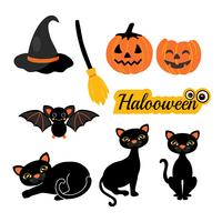 Siluetas de halloween Bruja, calabaza, gato negro, araña, murciélago y escoba. vector