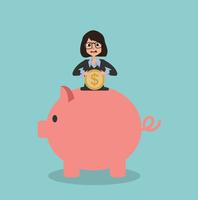 businesswoman putting money in a piggy bank