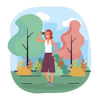 Woman with smartphone walking in park  vector