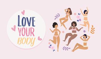 Ama tu cuerpo póster con mujeres en ropa interior sobre fondo rosa vector