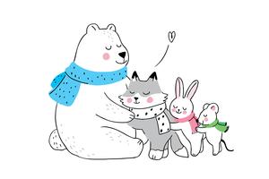 winter Polar bear hugging fox and rabbit and mouse  vector