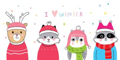 winter, Deer and fox and owl and raccoon  vector