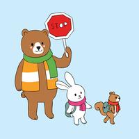  brown bear holding sign STOP and rabbit and squirrel across road vector