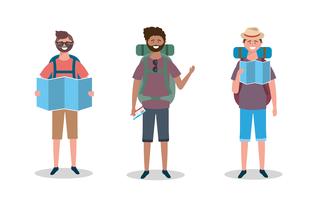 Set of male tourists with maps and backpacks  vector